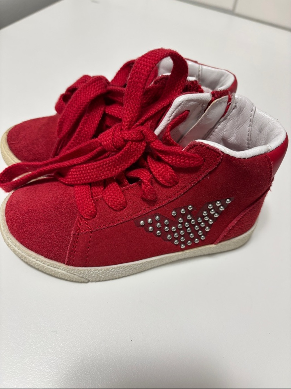Armani Red Kids High-Top Sneakers with Stud Detail